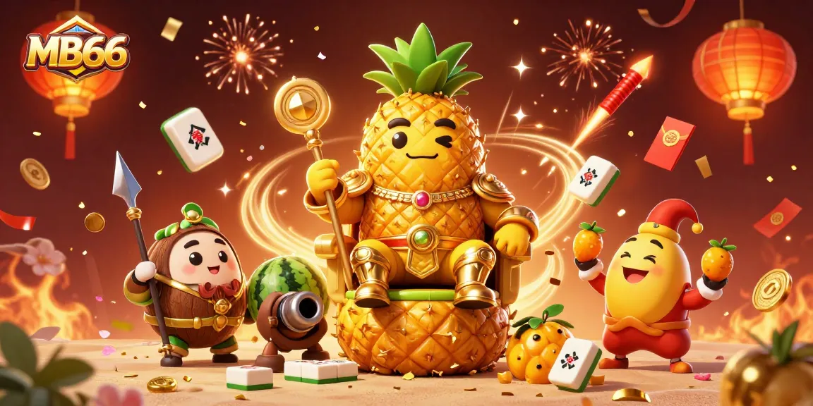 Play exciting games at MB66 while enjoying rich visuals of a golden pineapple king amidst festive elements.