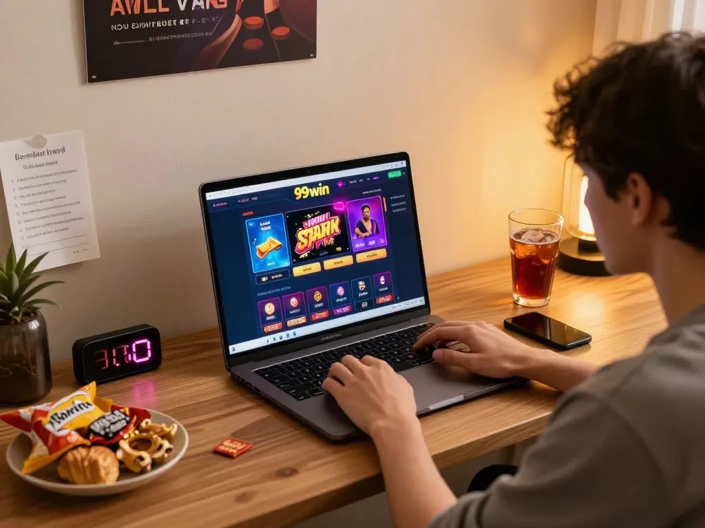 Engaging online gaming scene with 99win interface showing responsible gambling setup.