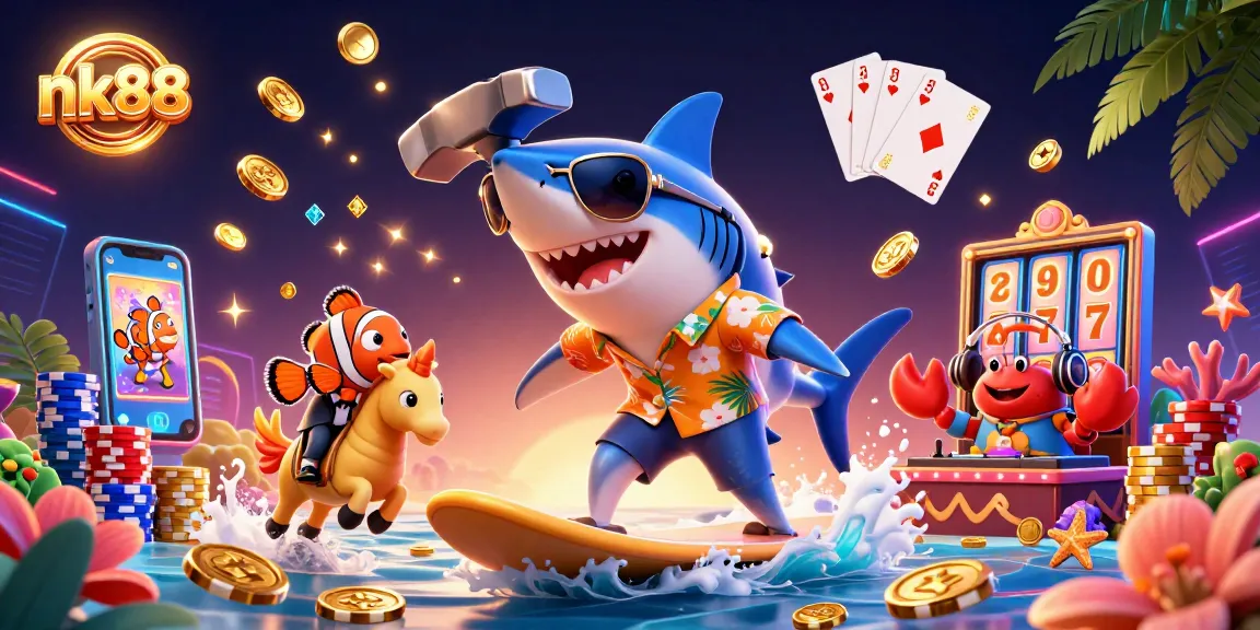 A vibrant nk88 casino scene with a shark surfing on gold coins, showcasing exciting gaming elements