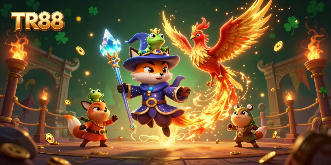 Engage in thrilling gaming with TR88 as the mystical wizard fox and phoenix showcase a vibrant fantasy scene.