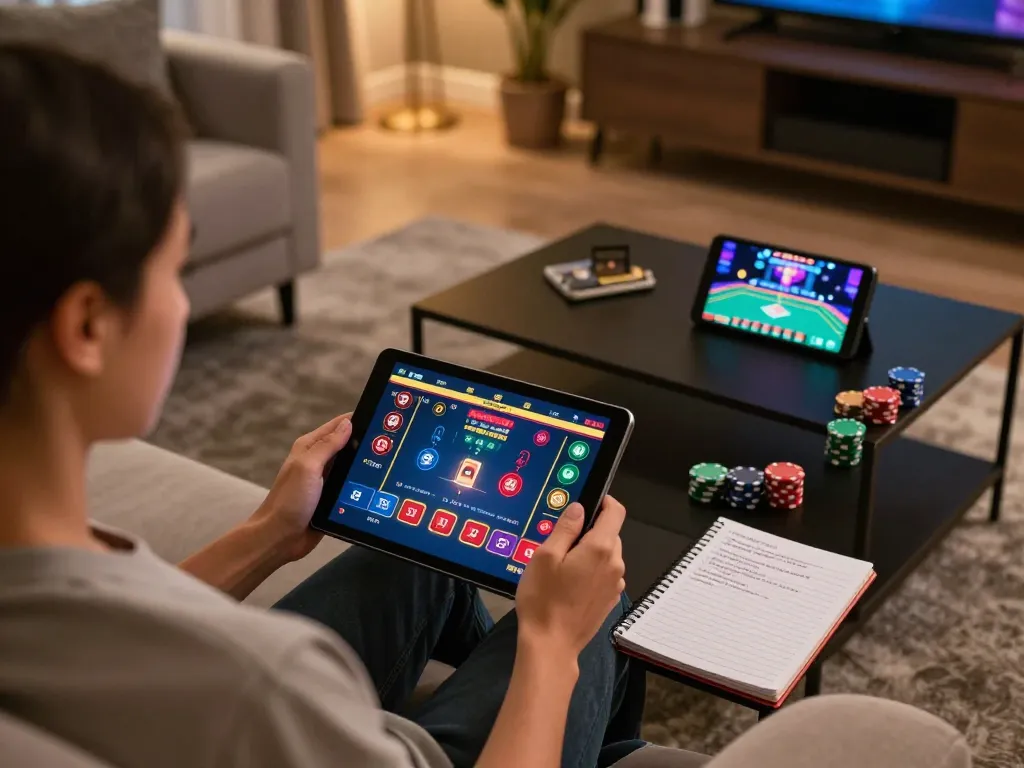 Interaction avec le retrait rapide au casino sur une tablette dans un environnement domestique confortable, montrant une stratégie de poker.