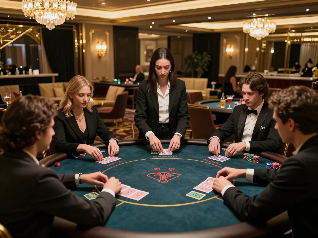 Players engaged in intense poker game at qh88eu's luxurious casino, showcasing high-stakes ambiance.
