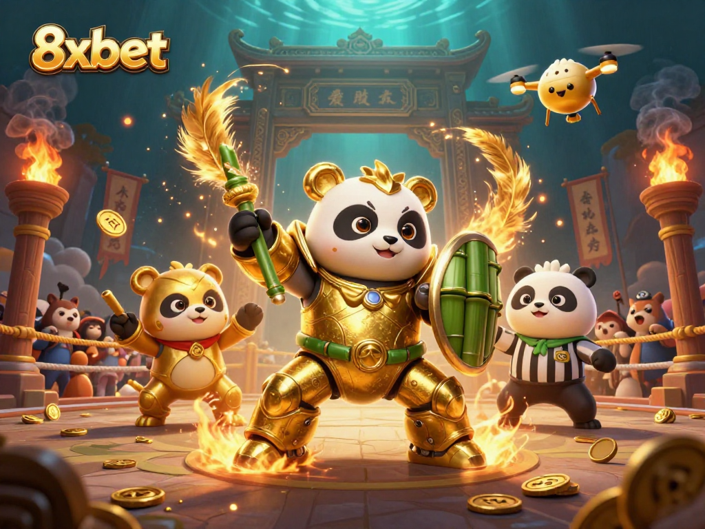 Experience thrilling action at 8xbet with a golden panda in an immersive gambling arena.