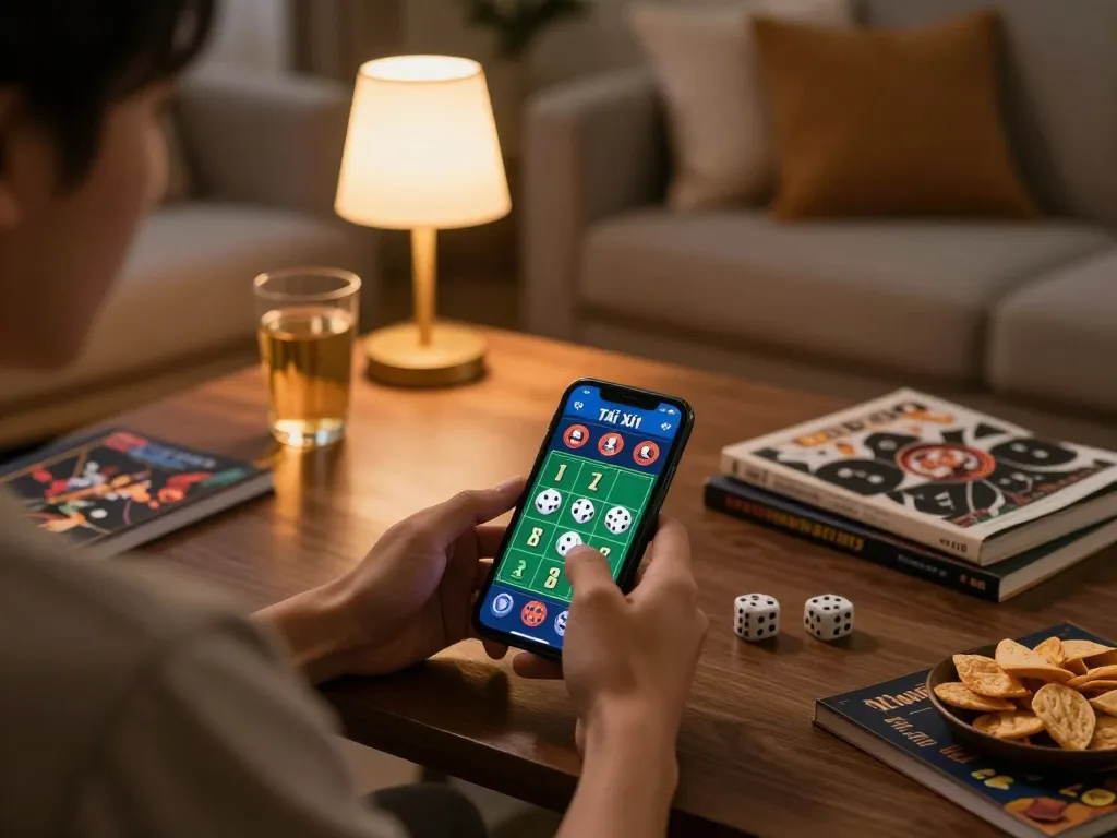 Engaging in Tài Xỉu Online gaming session, displaying strategy in a cozy home setting.