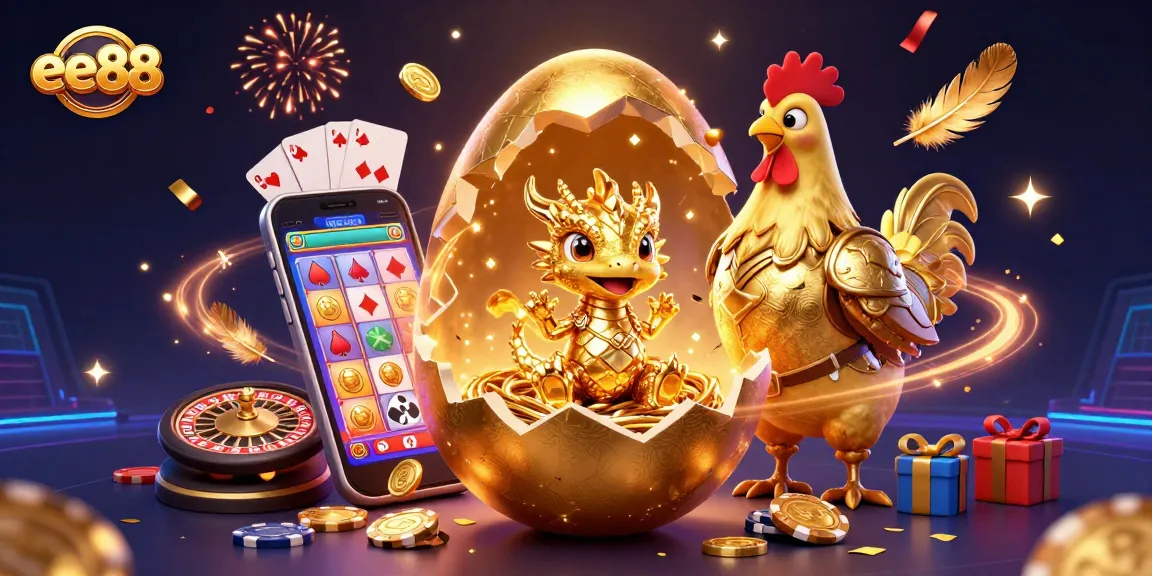 Experience the excitement of ee88 with a baby dragon revealing treasures in a packed casino scene.