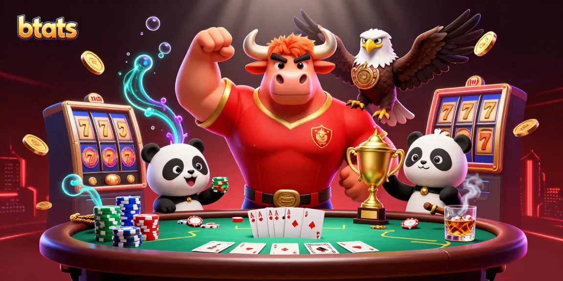 Engage with btats' innovative slot features in a vibrant 3D casino illustration packed with characters and gaming elements.