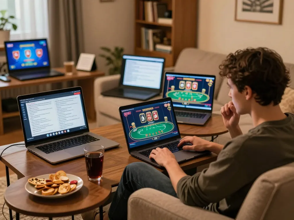 Player strategizing their next move on Jun88's online casino platform in a cozy home setting.