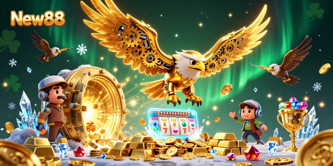 Win big with New88 in a vibrant 3D casino scene featuring a golden eagle and dynamic game elements.