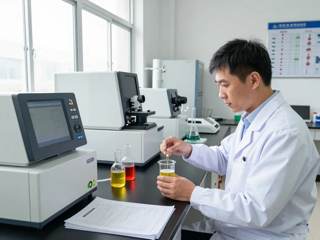 Base oil supplier inspecting samples in a modern chemical lab environment with analytical equipment.