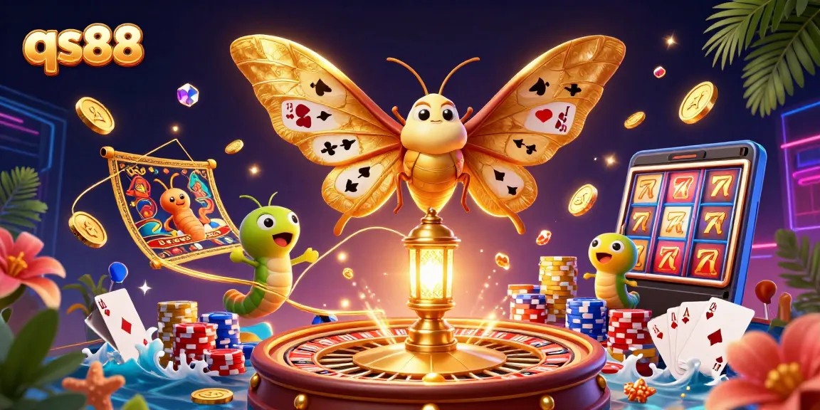 Engage with qs88's thrilling atmosphere featuring golden coins, 3D roulette, and colorful poker elements.