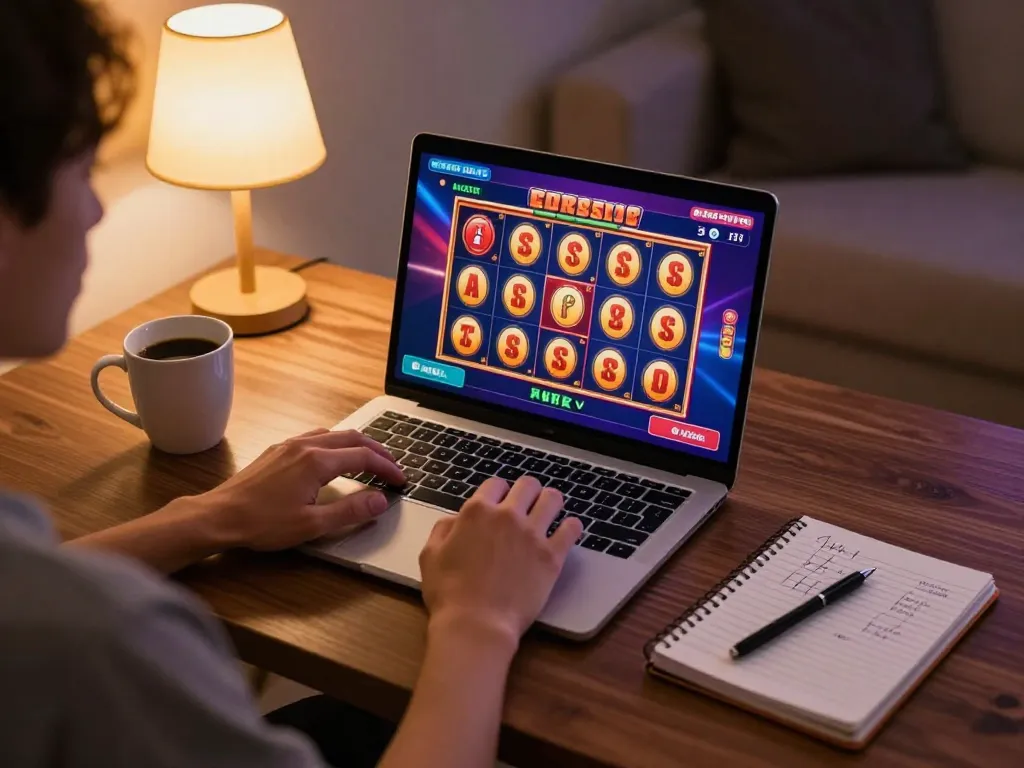 Person playing slots on trang chủ B52CLUB in a cozy home setup, engaging in online gaming.