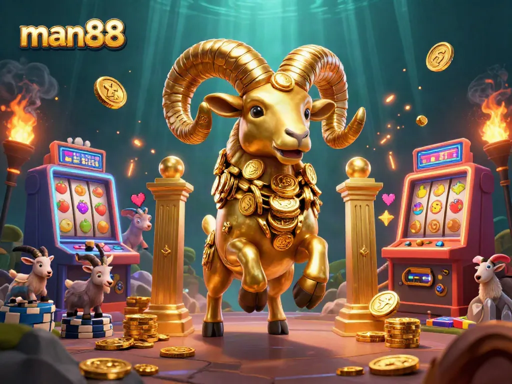 Experience thrilling gameplay at man88 with vibrant slot machines and a golden charging ram.