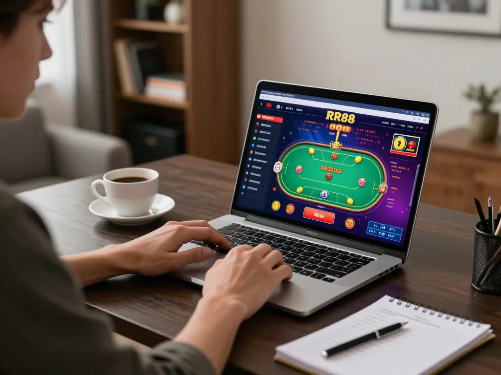 Player engaging with RR88 online poker game on laptop in a cozy home office setting