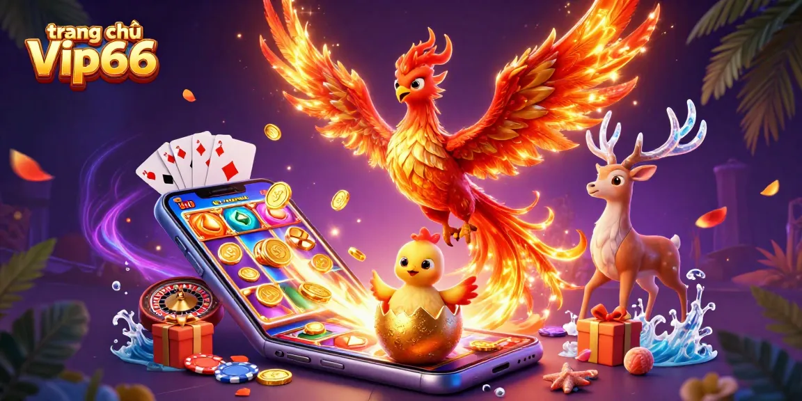 Experience the excitement of gaming at trang chủ Vip66 with vibrant phoenixes and dynamic casino elements.