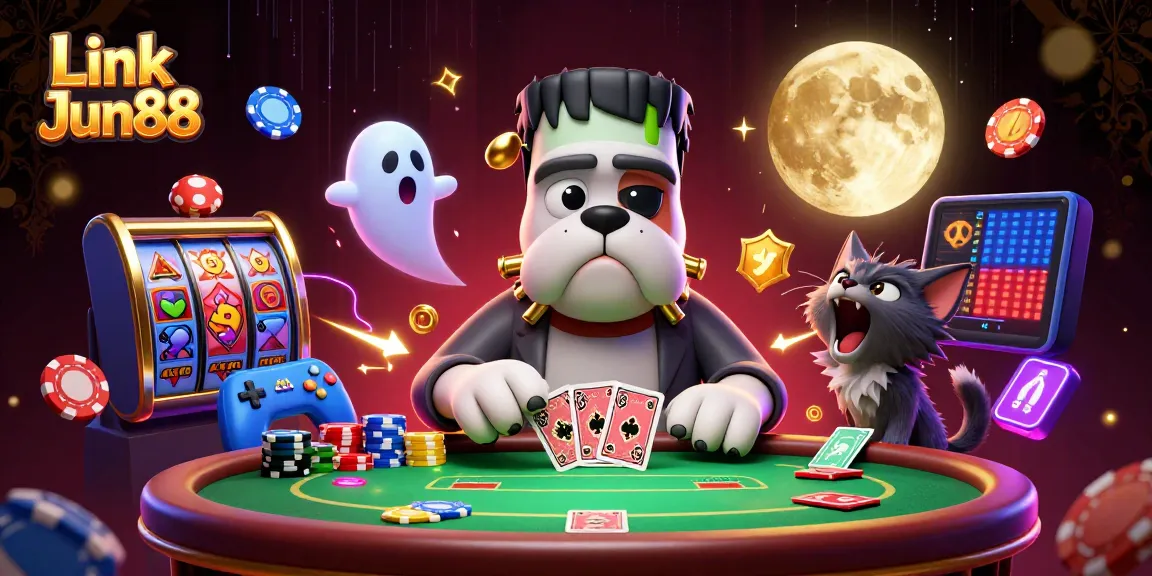 Link Jun88 highlights an exciting poker scene featuring a Frankenstein bulldog dealer and a ghost mouse.
