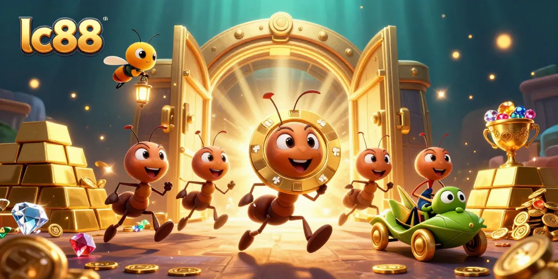 Experience an exciting lc88 heist with cartoon ants carrying a poker chip, gold bars, and jewels in a dynamic casino scene.