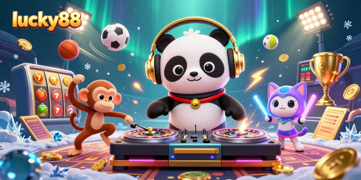 Engage in lucky88 thrills with an energetic casino scene featuring dynamic characters and game elements.
