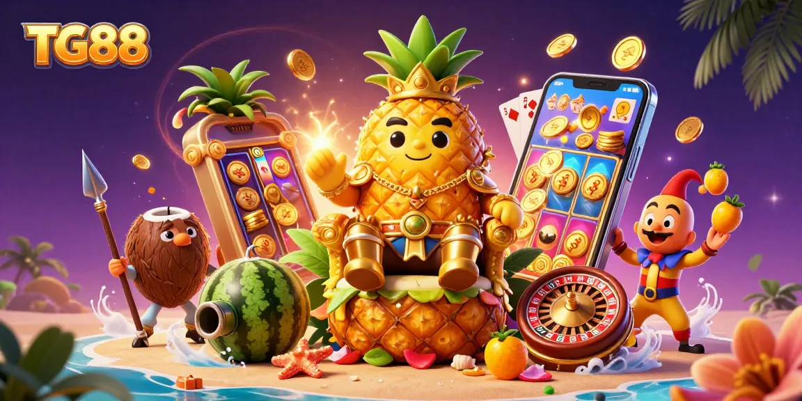 TG88 showcases vibrant casino action with a golden pineapple king and dynamic gaming elements.