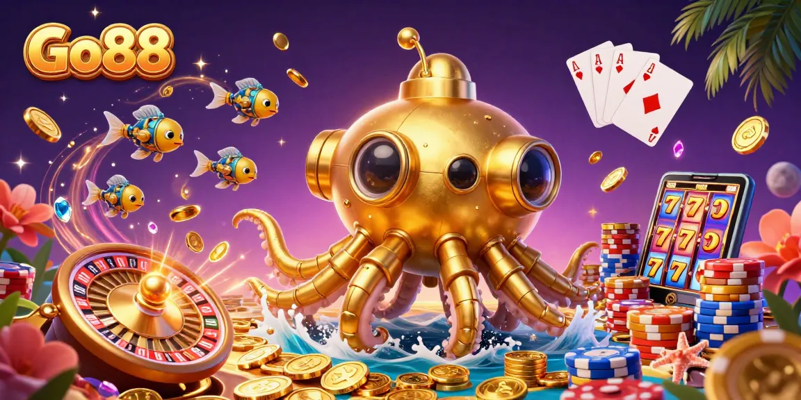 Engage with Go88 while enjoying a vibrant 3D digital casino experience featuring golden treasures and thrilling game elements.