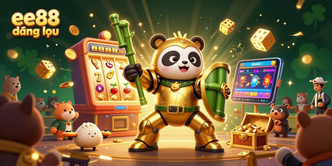 Engage with the thrilling experience of ee88 đăng nhập featuring a 3D golden panda in a dynamic casino scene.