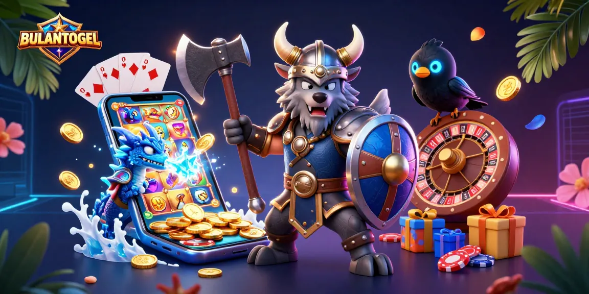 BULANTOGEL unleashes a vibrant scene with a Viking wolf warrior, fierce dragon, and animated casino elements.