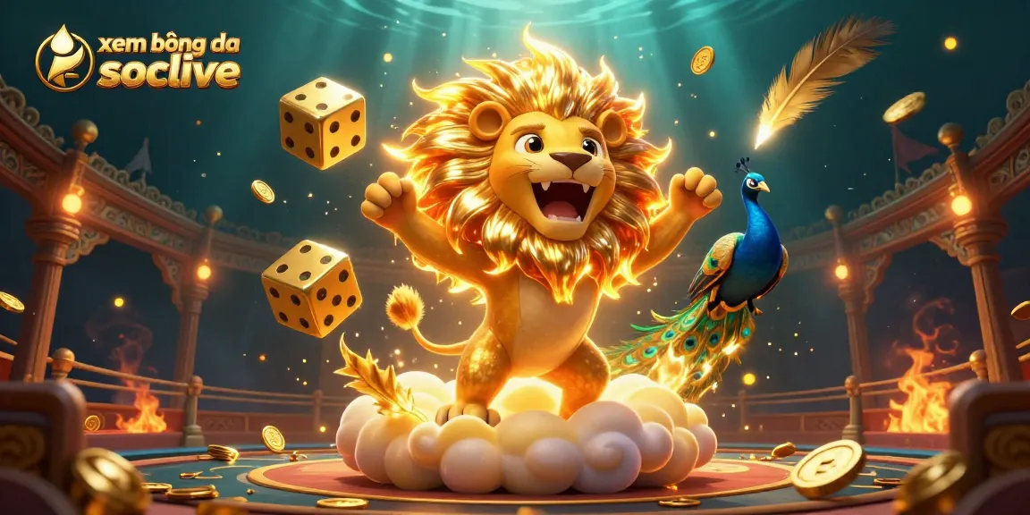 xem bóng đá socolive with a roaring sun lion and golden dice in a vibrant sports betting arena