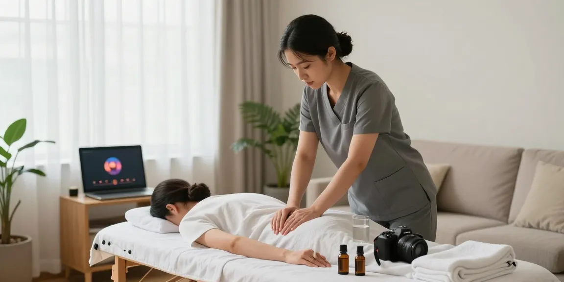 인천출장안마 서비스 중인 마사지사와 고객이 편안한 실내에서 마사지 받고 있는 모습