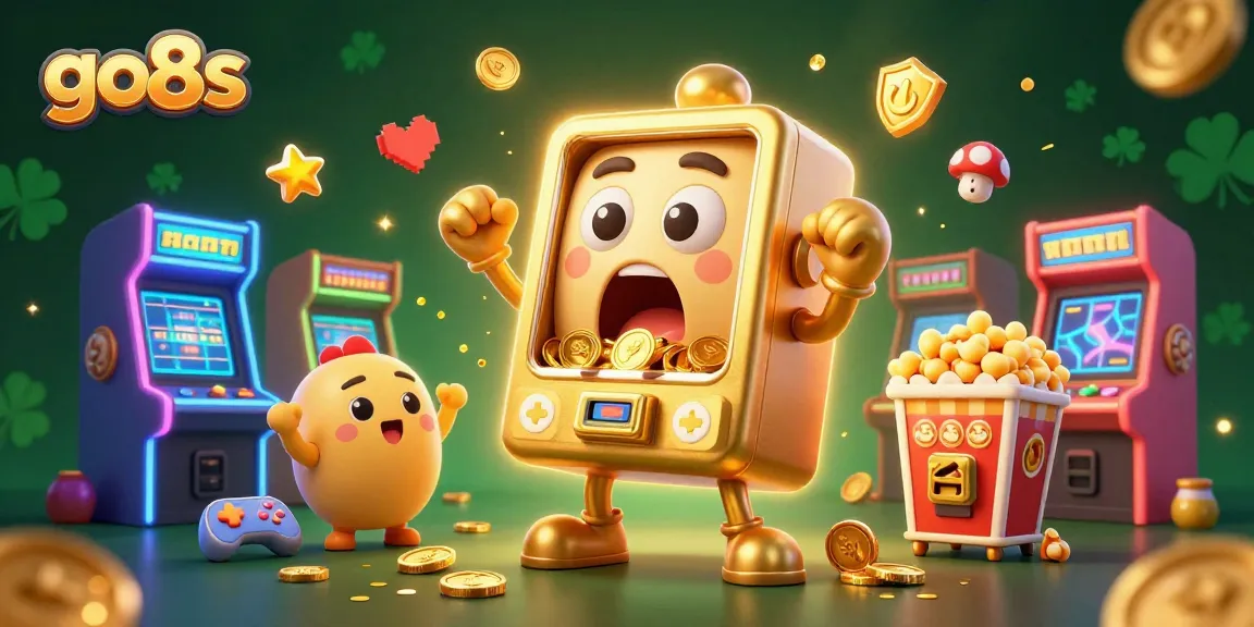 Go8s slot machine hits jackpot, coins spilling with cheering baby slots, vibrant casino scene.