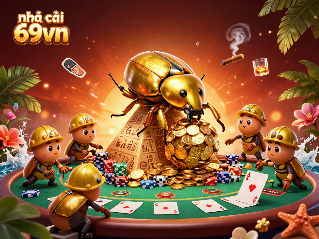 Engage with nhà cái 69vn's thrilling casino experience, featuring a cartoon beetle rolling a golden coin ball.