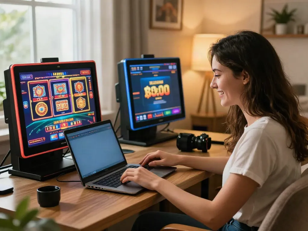 Engaging young woman exploring Casino Gratuit sans depot options on her laptop in a cozy home setting.
