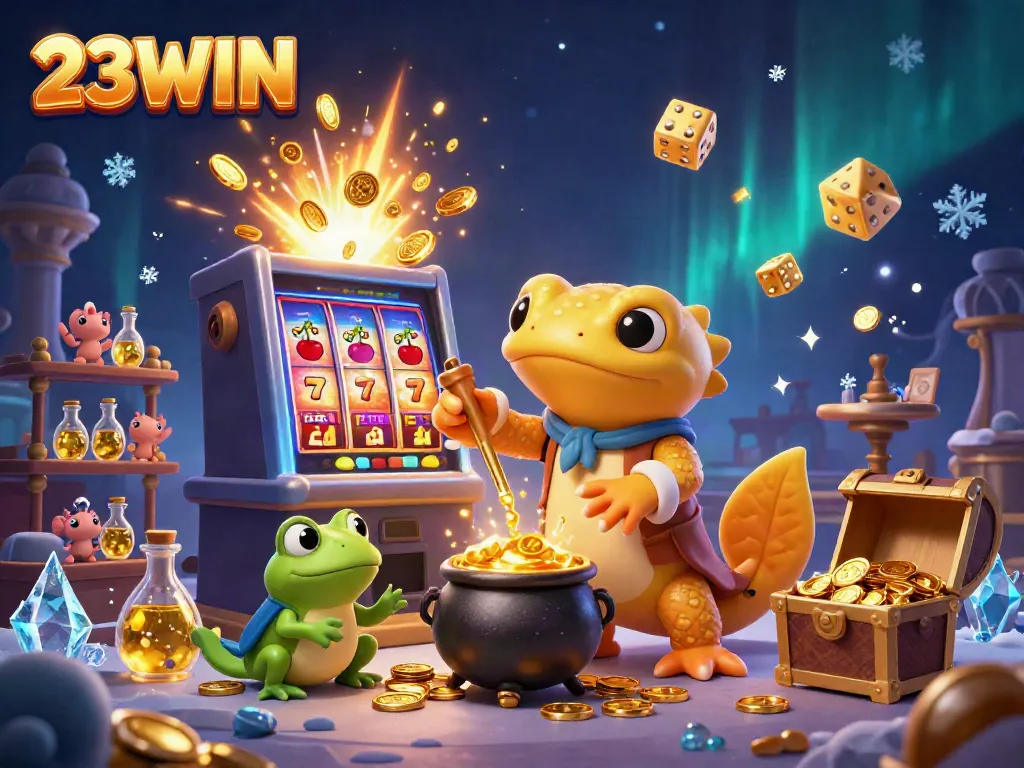 Experience 23WIN's magical casino with a golden alchemist and rich game elements in an enchanting scene.