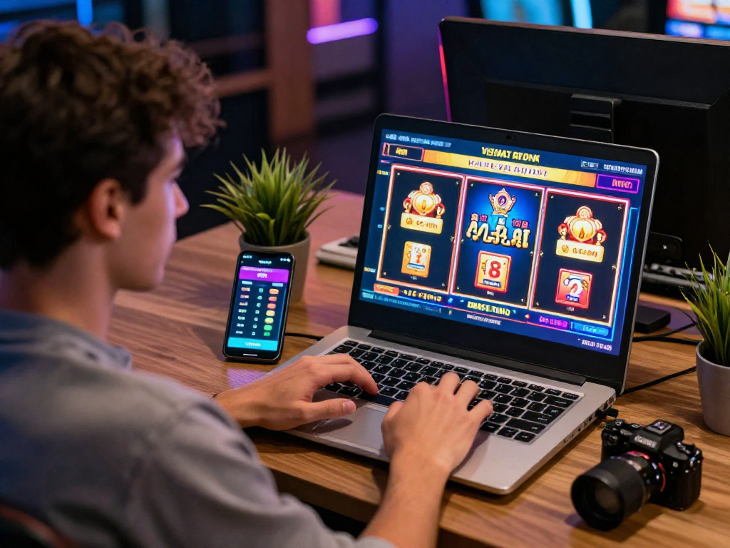 Pengguna terlibat dalam pengalaman judi online dengan vegas4d, laptop menampilkan slot mesin berwarna-warni dan statistik taruhan langsung.