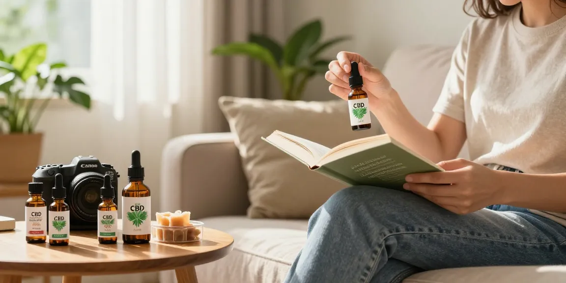 Individual enjoying CBD oil Canada in a cozy home setting with products on display.