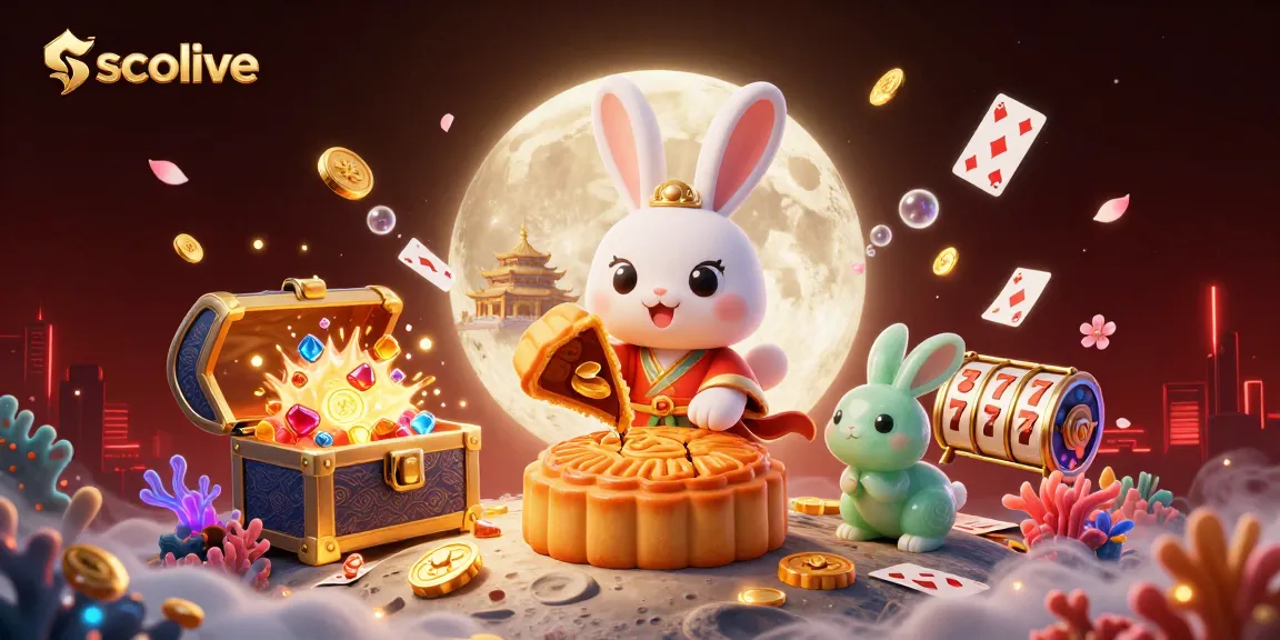 Socolive offers immersive gambling experiences with a lively 3D illustration, featuring a rabbit character revealing poker chips inside mooncakes.