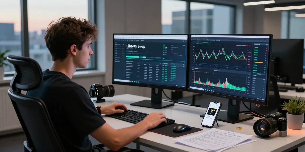 LibertySwap trader analyzing digital assets in a modern office setting