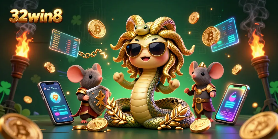 Experience thrilling 32win8 gaming with Medusa and vibrant crypto elements in a lively casino illustration.