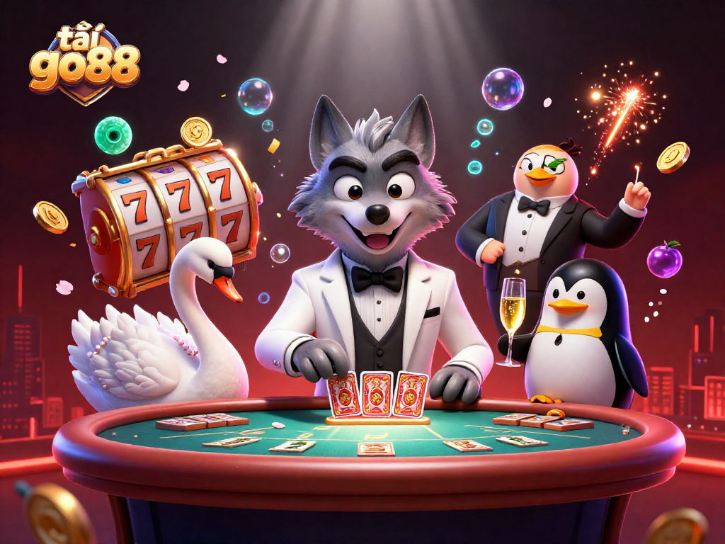 Immerse in the thrills of tải go88 as a debonair wolf plays baccarat and a swan deals cards.