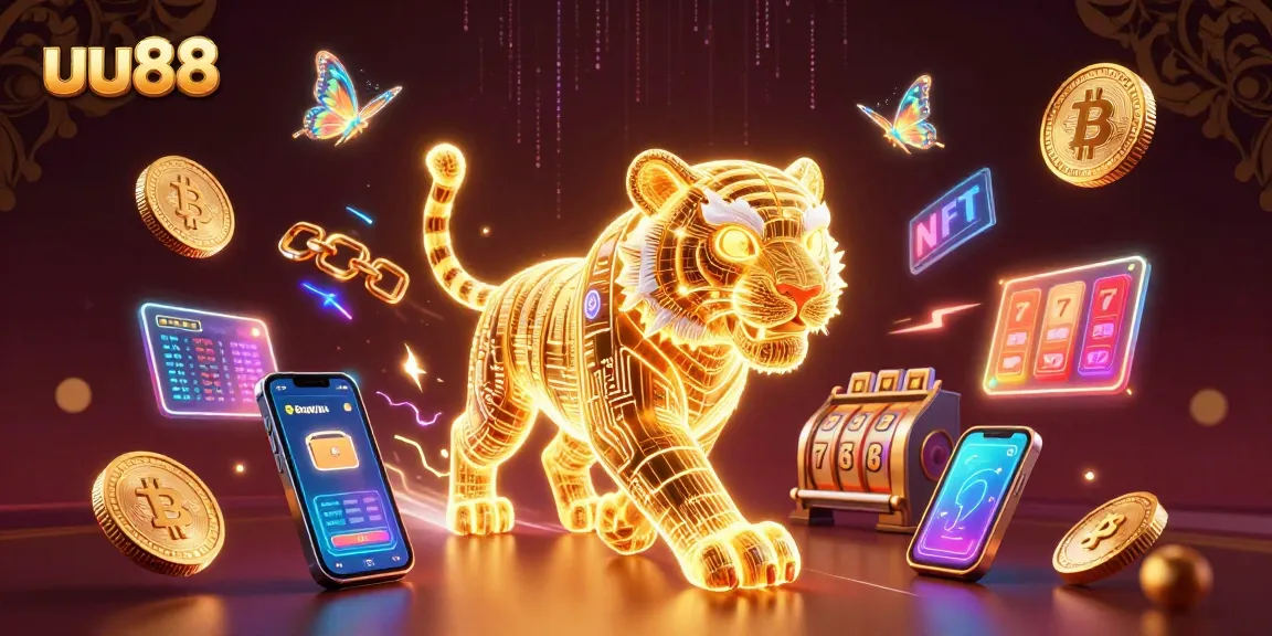 uu88 offers an immersive casino experience with a golden tiger amidst vibrant slot symbols and crypto elements.