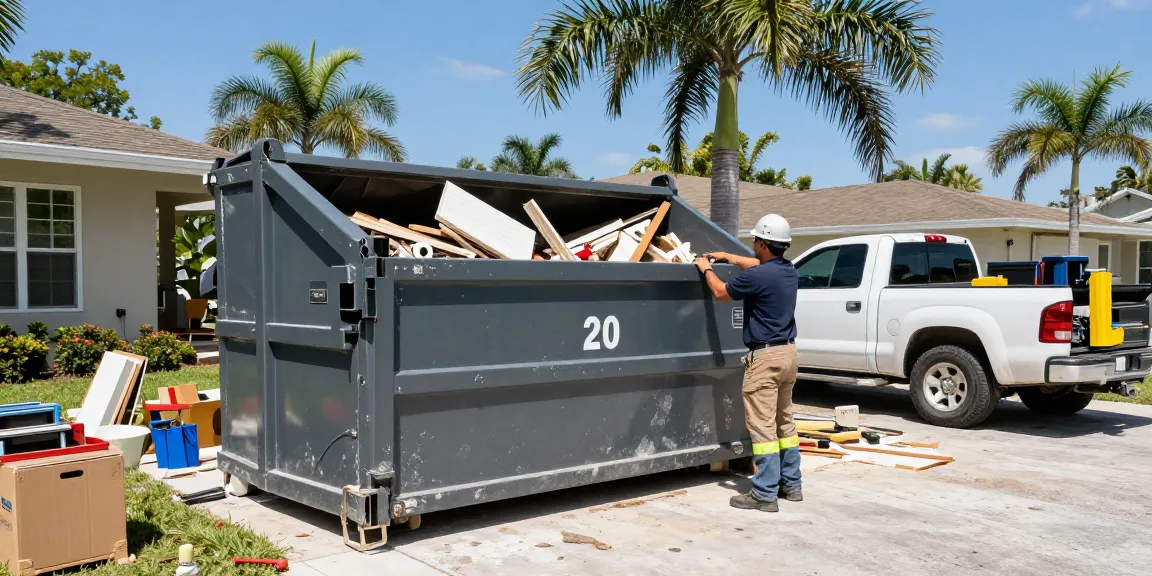 Contractor inspecting a 20-yard roll-off dumpster for dumpster rental Pompano Beach FL, efficient worksite with construction debris.