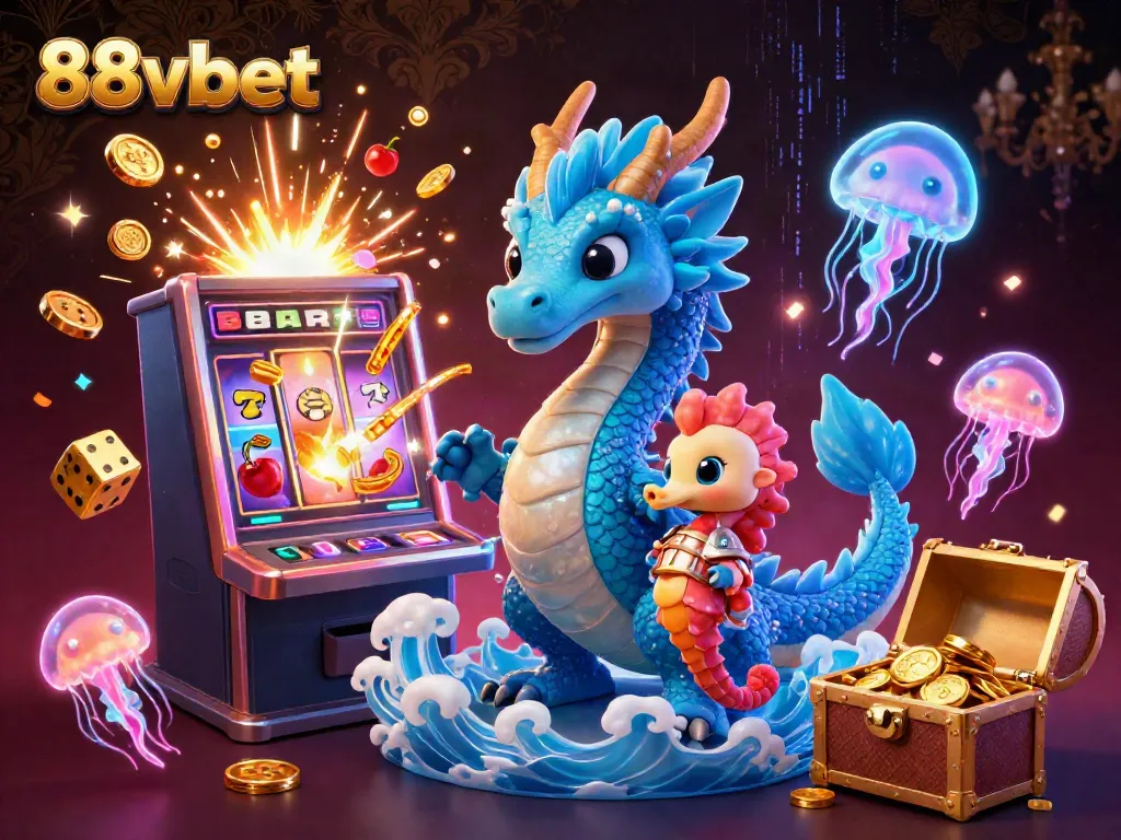 Experience the thrill of 88vbet with a vibrant 3D casino illustration featuring a dragon and slot machine.