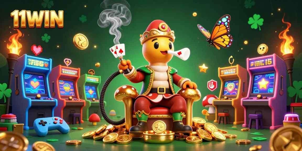 Experience exciting gameplay at 11WIN as the caterpillar master blows poker symbols in a vibrant casino scene.