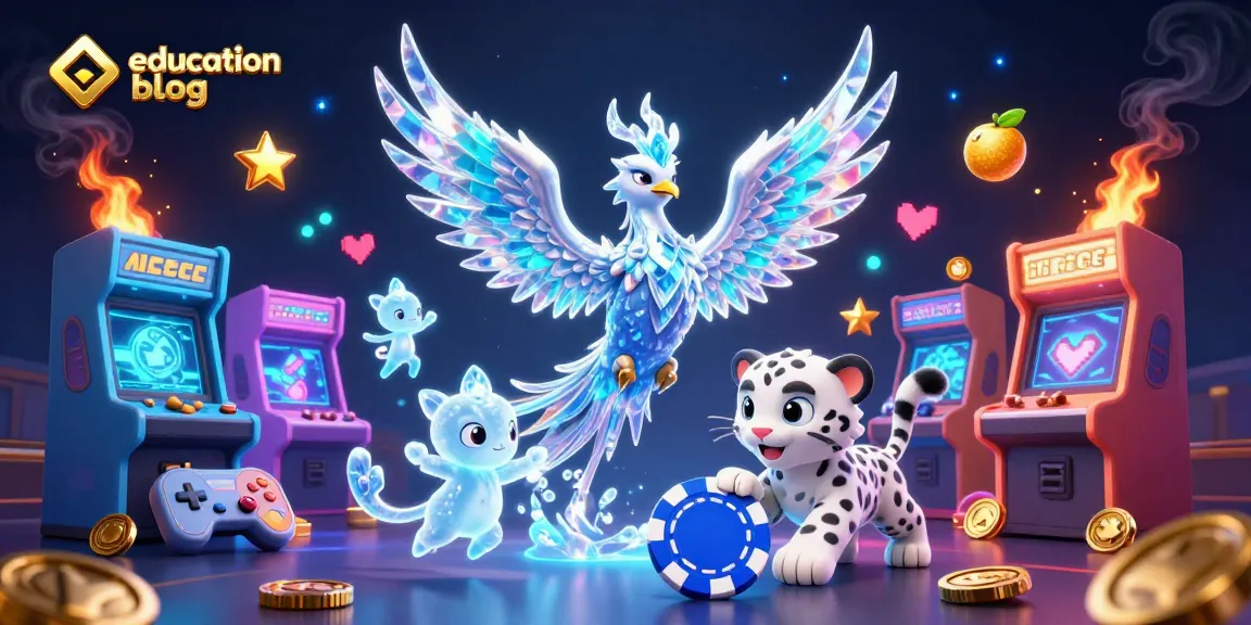 Engage with this vibrant education blog scene featuring a playful snow leopard cub and a mystical ice phoenix amidst a colorful casino landscape.