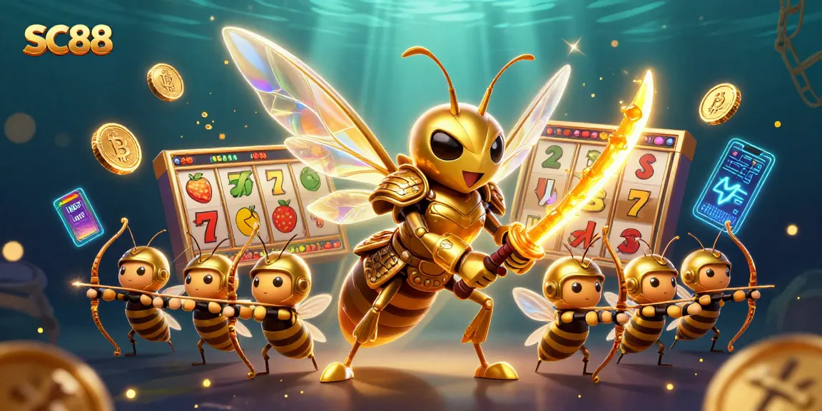 Engage in exciting SC88 slots with a golden hornet samurai fighting for jackpots.