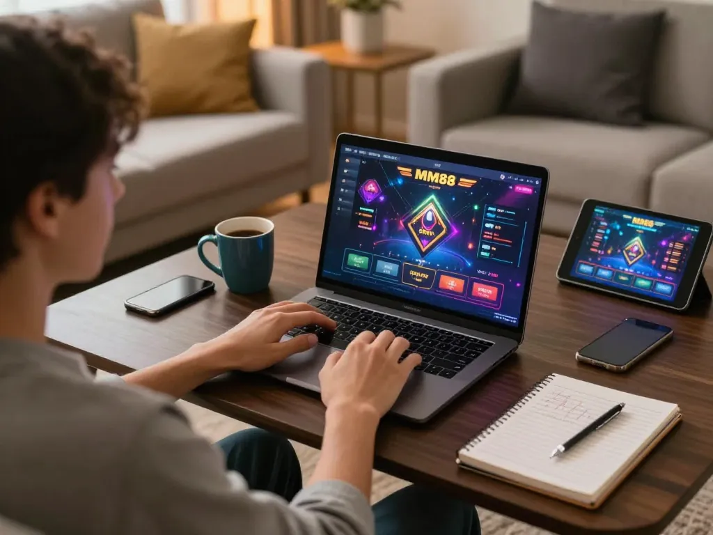 Playing at MM88 online casino with a laptop in a cozy living room setting