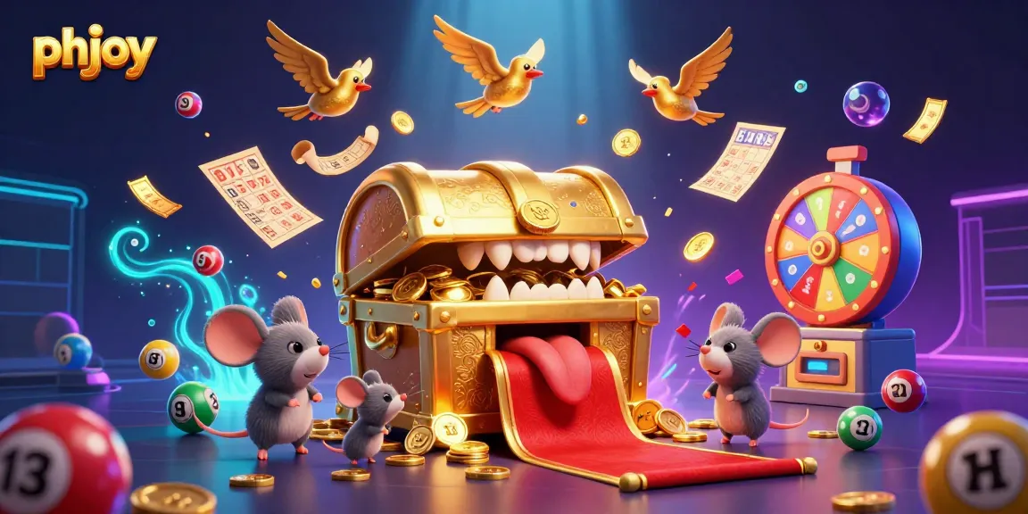 Experience exciting games at phjoy with vibrant 3D illustrations featuring lottery elements, treasure chests, and dynamic casino themes.