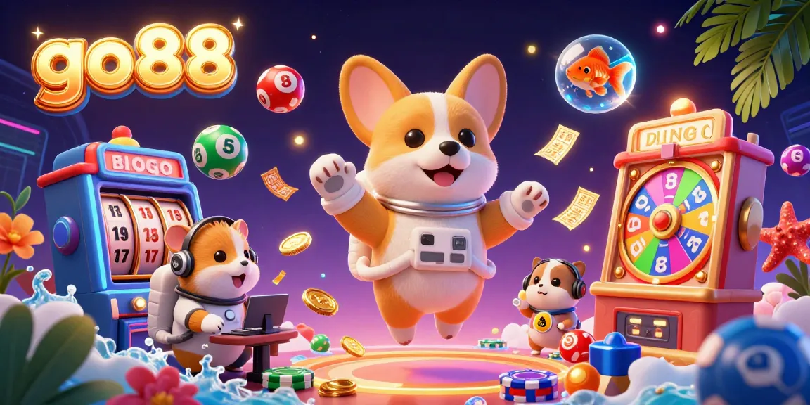 Engage with the exciting world of go88, where a cartoon astronaut corgi plays in a space casino filled with rolling slots and drifting prizes.