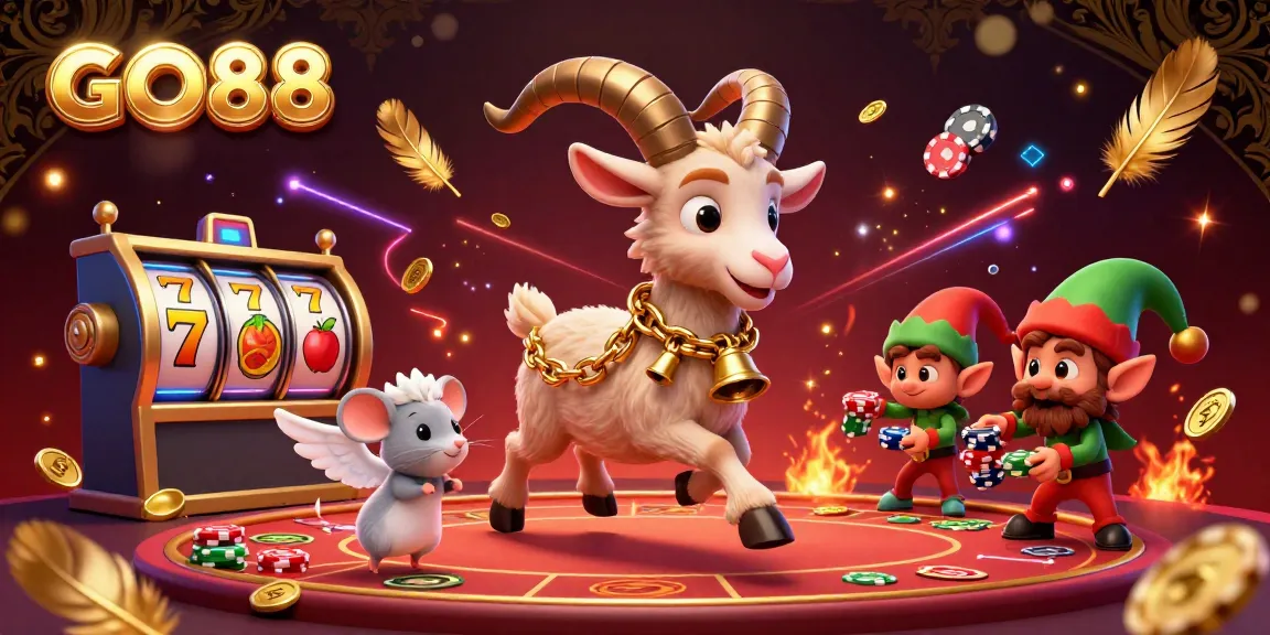 Engage in thrilling gameplay at GO88 with an animated casino scene featuring festive characters and vibrant gaming elements.