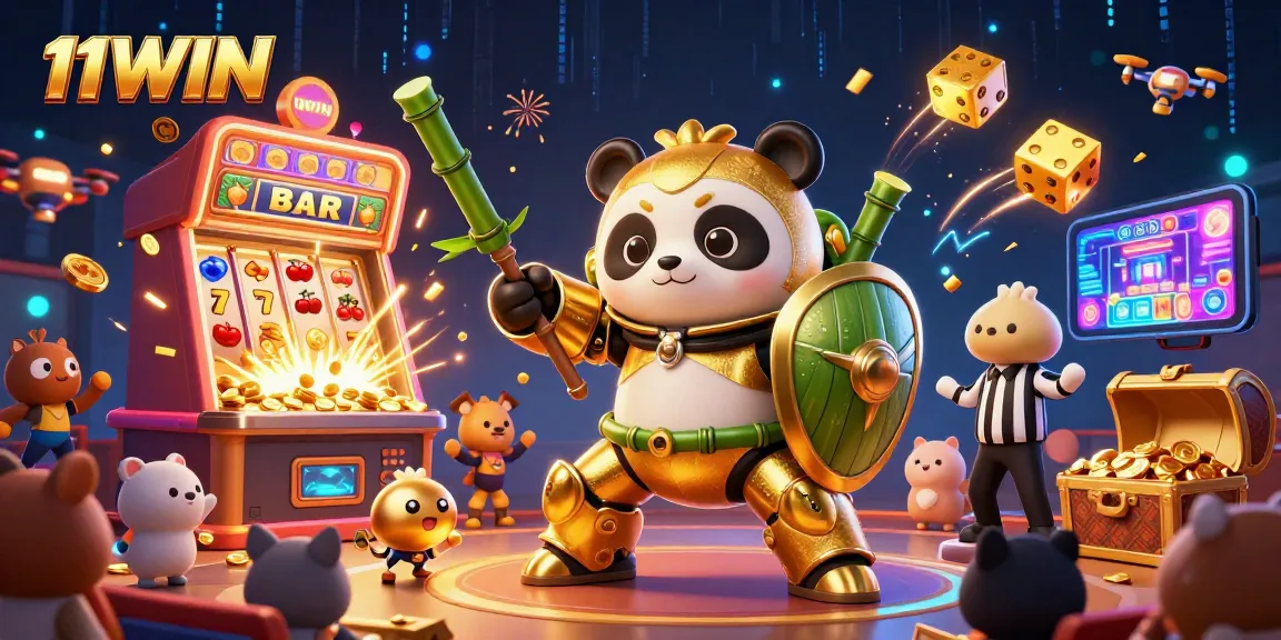 Experience the excitement of 11WIN with a dynamic 3D illustration of a mech-suit panda in a vibrant casino scene.