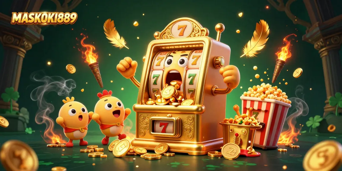 Hit a jackpot with MASKOKI889's golden slot machine surrounded by cheering baby slots and festive elements.
