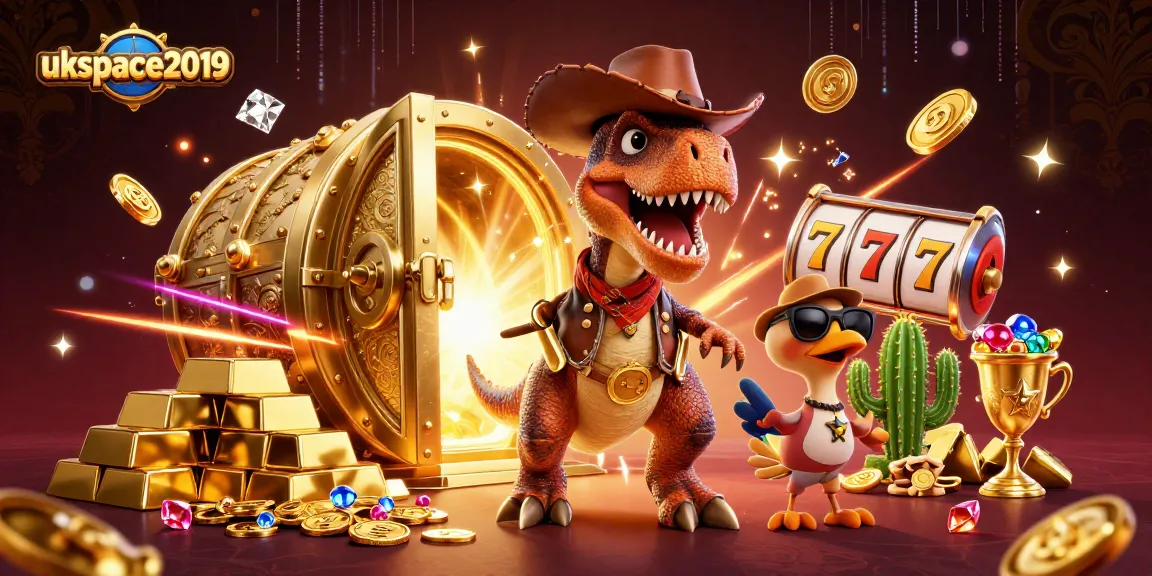Spin the reels at ukspace2019 with a vibrant 3D scene featuring a cowboy T-Rex and treasure.